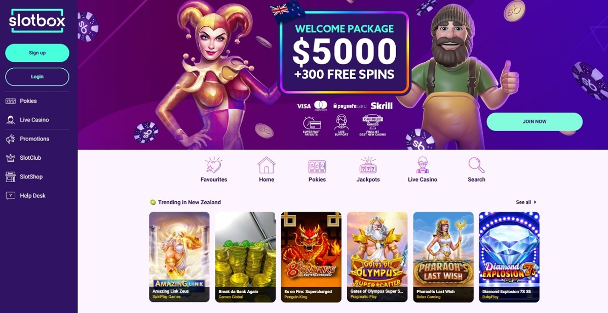 Slotbox homepage showing the welcome bonus of $5,000 + 300 Free spins